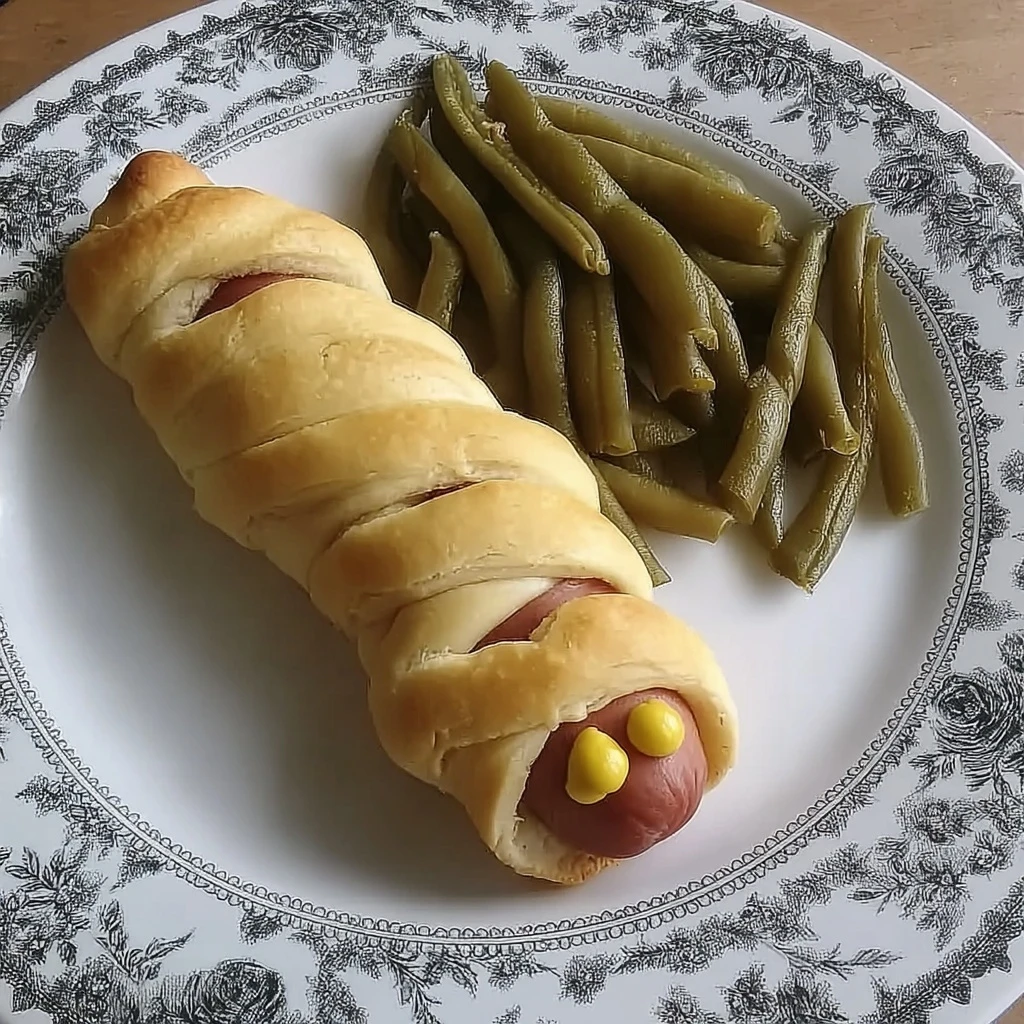 A mummy-style hot dog with mustard eyes served on a plate with green beans.