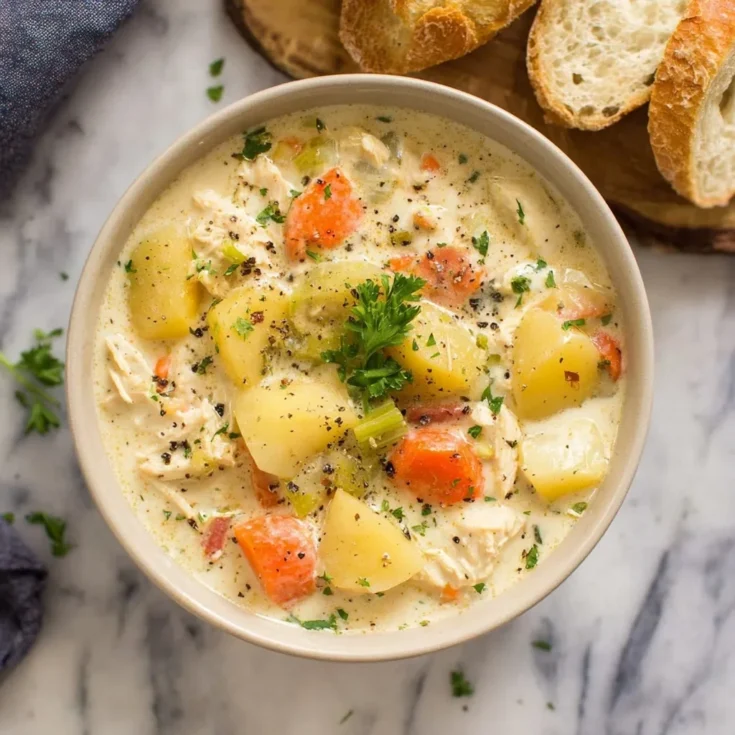 Bowl of hearty chicken and vegetable stew with parsley garnish and crusty bread.