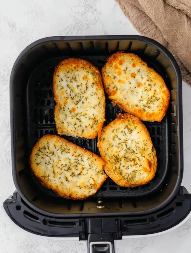 Crispy garlic herb Texas toast slices in an air fryer basket