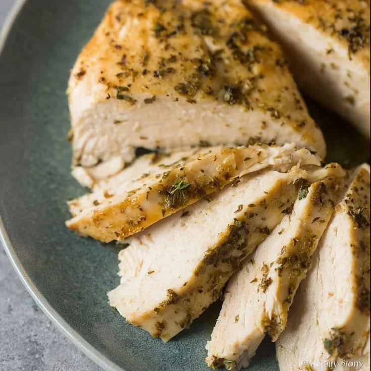 Herb seasoned chicken breast slices cooked in crockpot