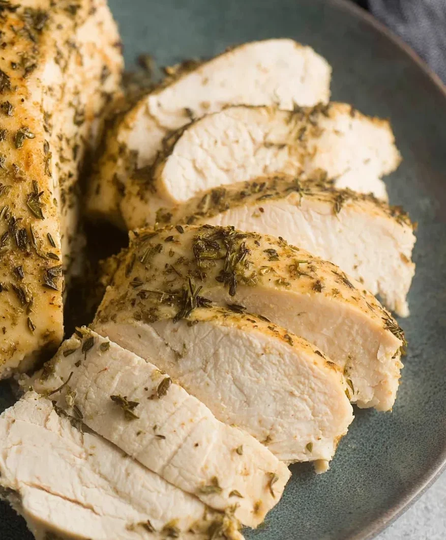 Juicy slow cooker chicken breast sliced on a plate with herbs