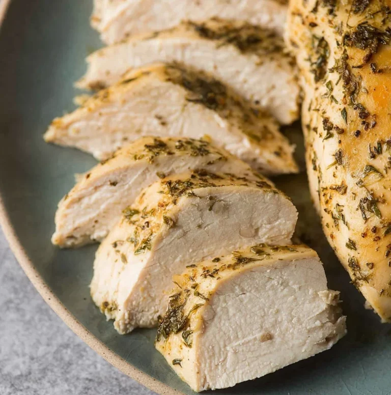 Juicy chicken breast slices cooked in slow cooker with herbs