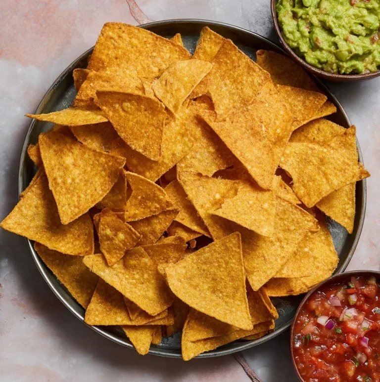 Homemade crispy tortilla chips in a bowl served with guacamole and salsa