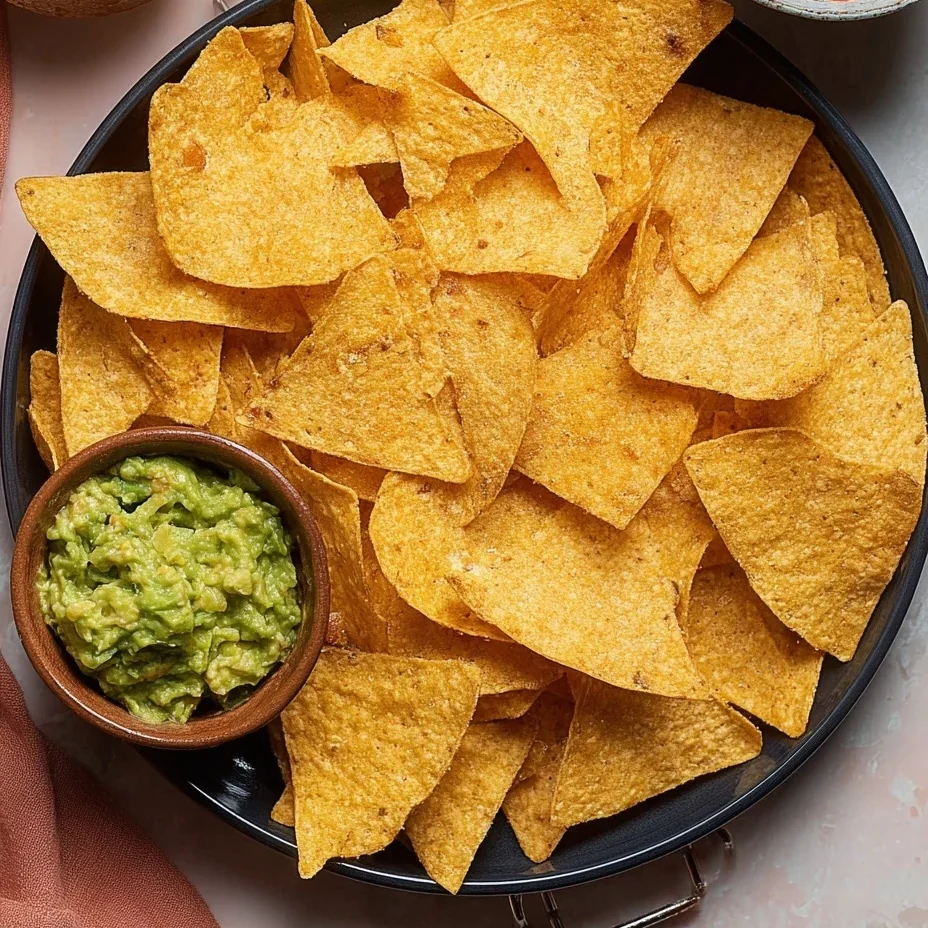 Homemade air fryer tortilla chips served in a bowl with guacamole and salsa on the side