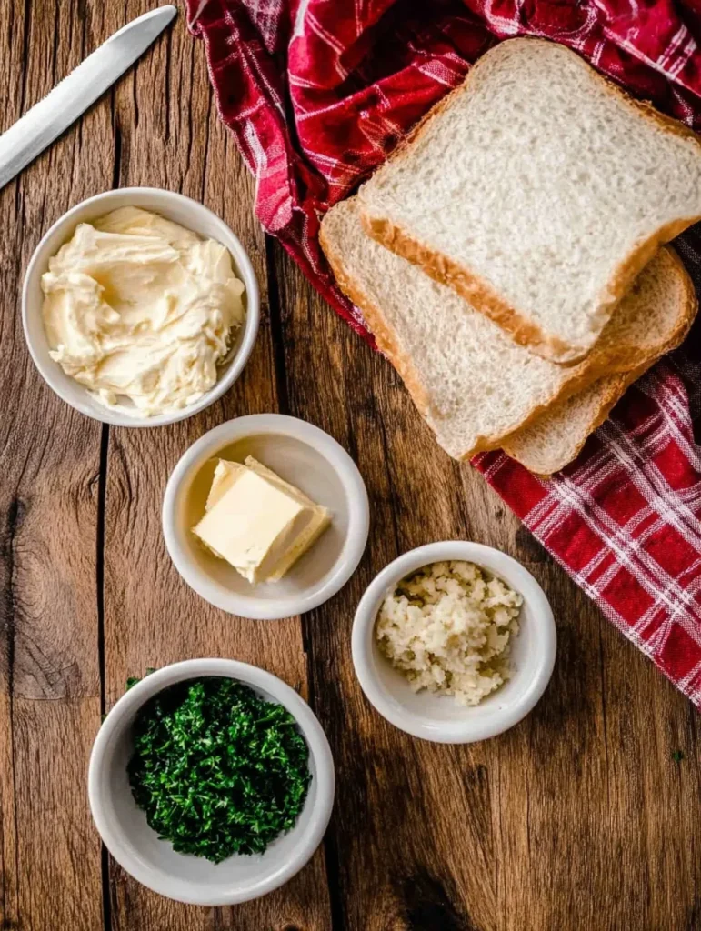 Ingredients for Texas toast including bread, butter, garlic, and parsley on a wooden table