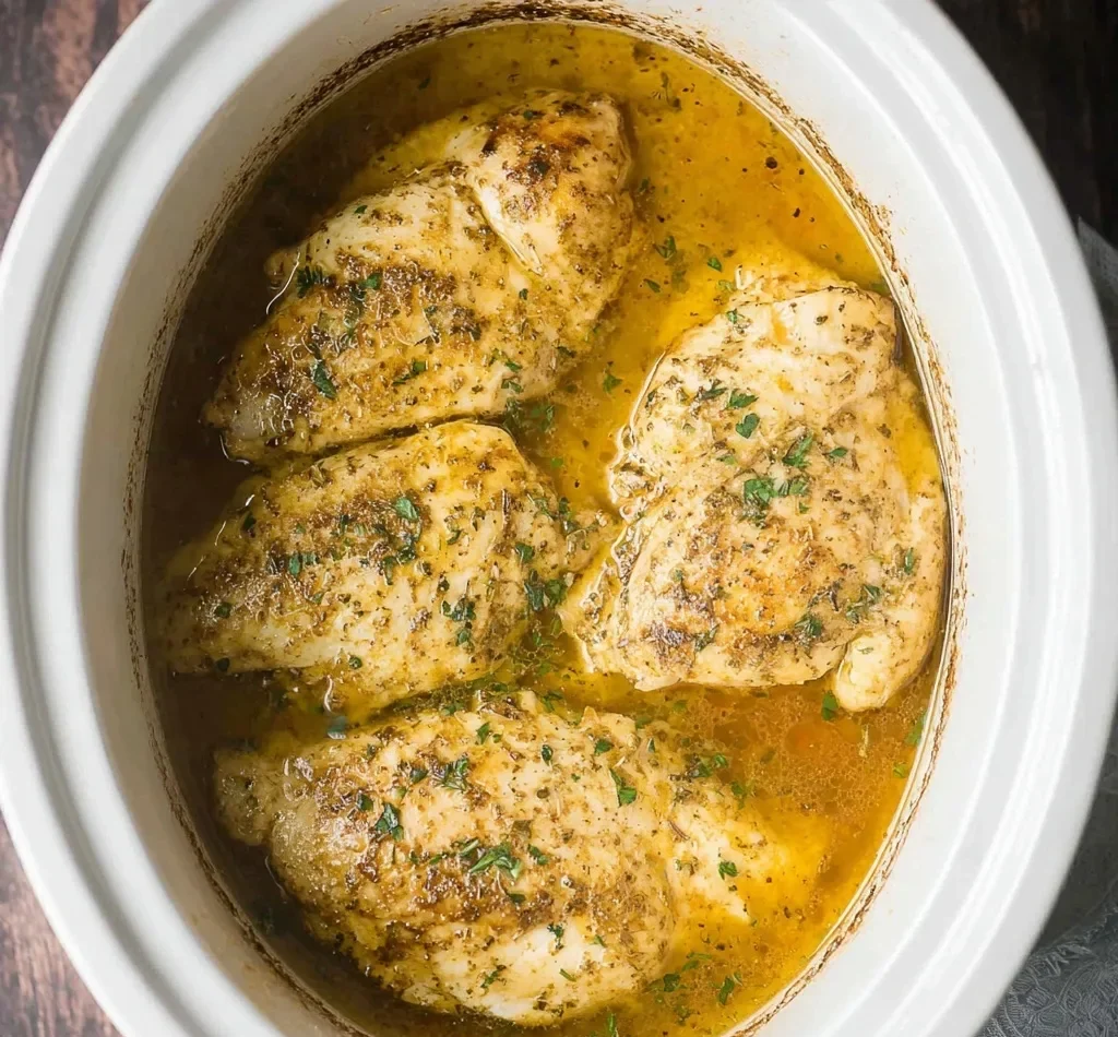 Juicy chicken breast pieces simmering in slow cooker broth