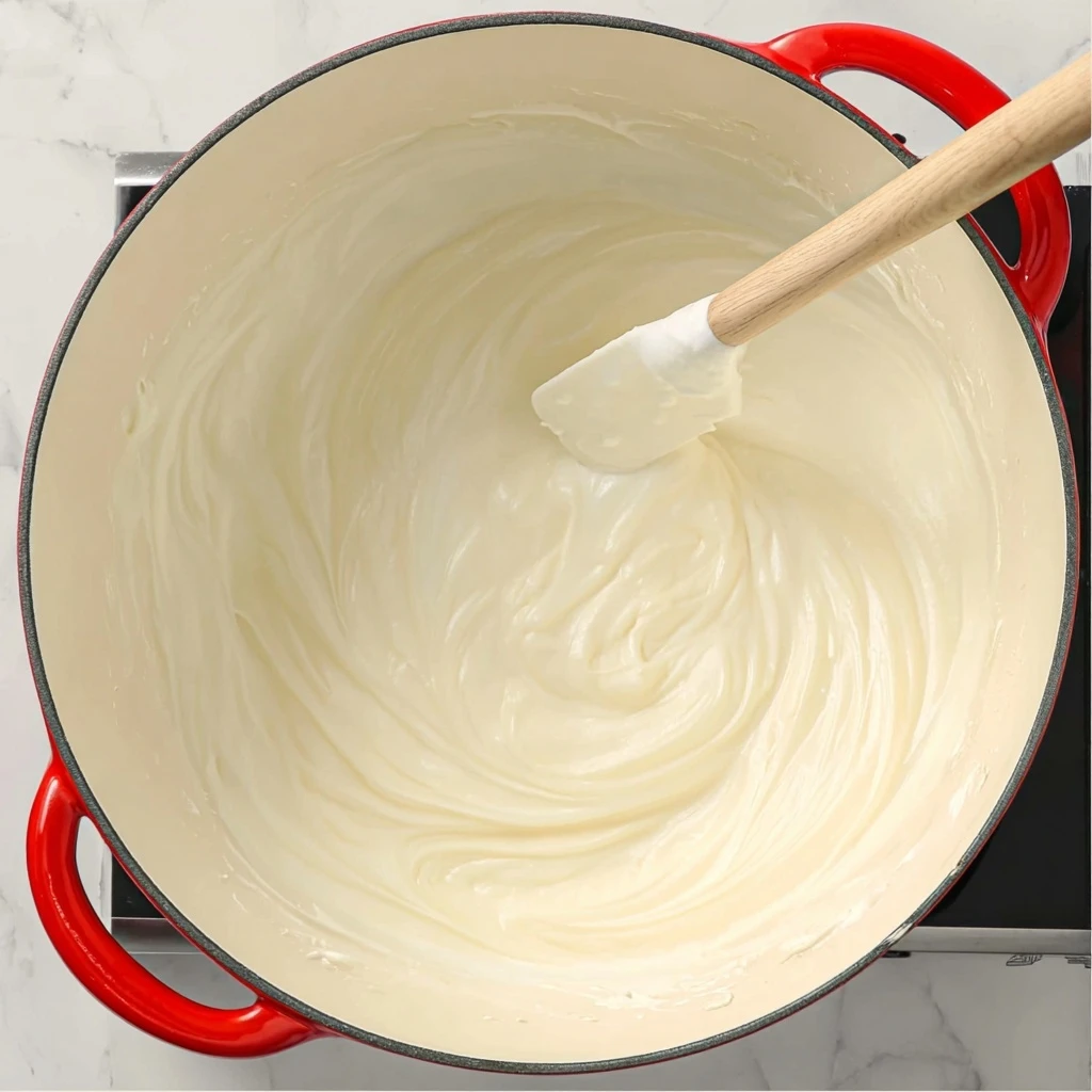 Large red pot with melted marshmallows being stirred with a spatula