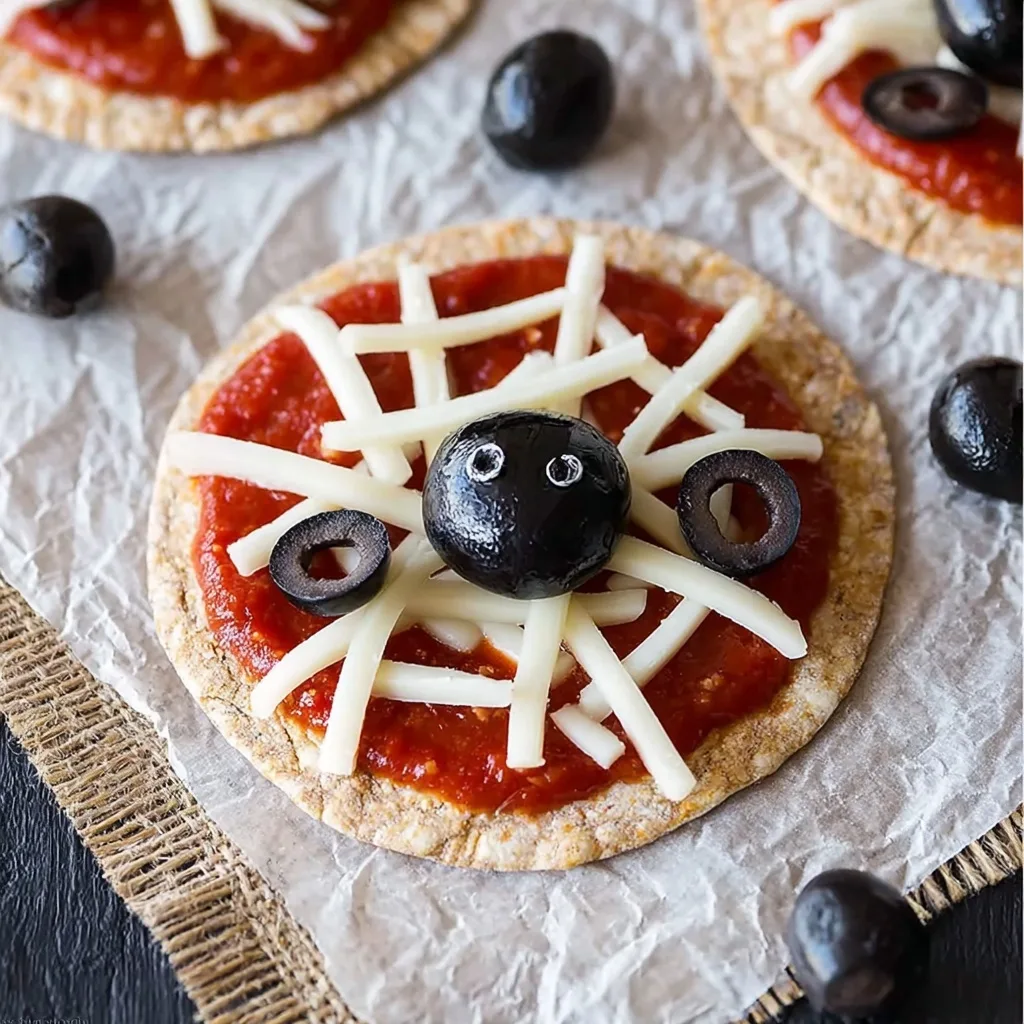 Mini Halloween pizza topped with shredded cheese web and a black olive spider with eyes.