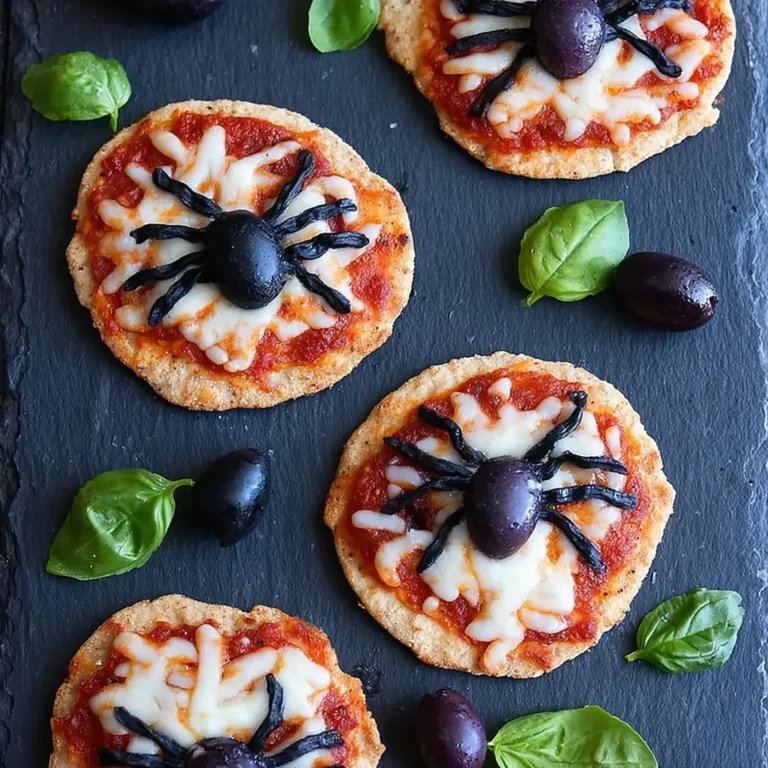 Mini Halloween pizzas topped with mozzarella and black olive spiders, garnished with basil leaves and whole olives.