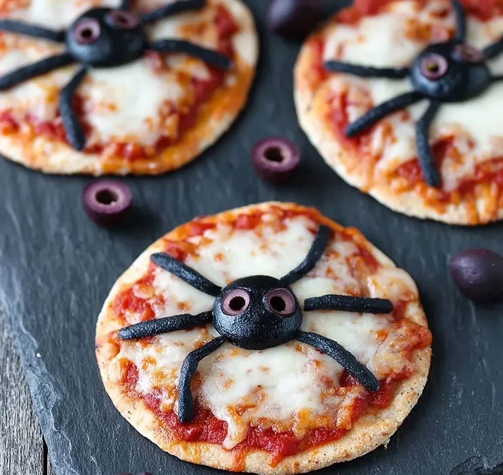 Mini Halloween pizzas topped with melted cheese and black olive spiders with olive slice eyes, served on a slate board.