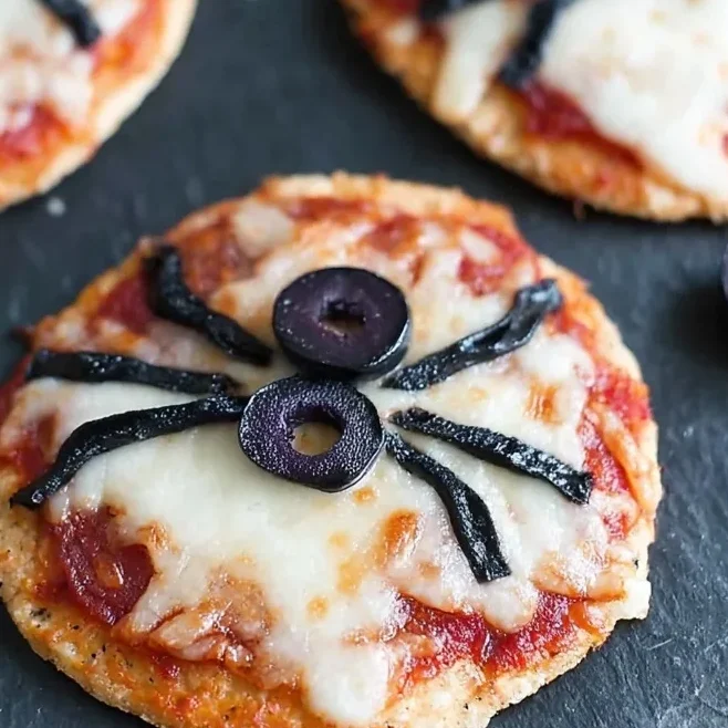 Mini Halloween pizzas topped with melted cheese and black olive spiders, decorated with olive slices and basil.