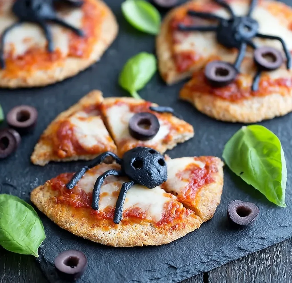 Mini Halloween pizzas cut into slices, topped with black olive spiders and fresh basil leaves.