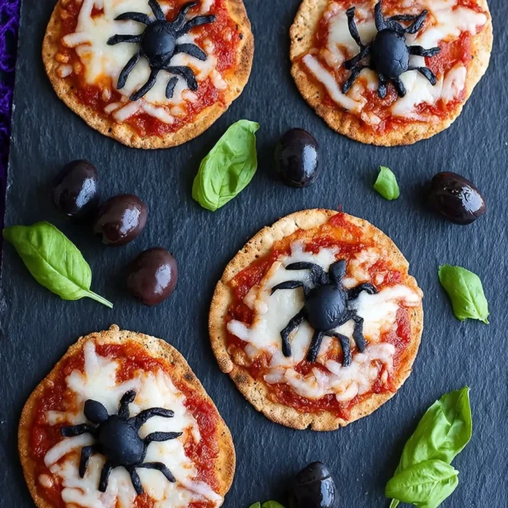 Mini Halloween pizzas topped with mozzarella and black olive spiders, garnished with basil leaves.