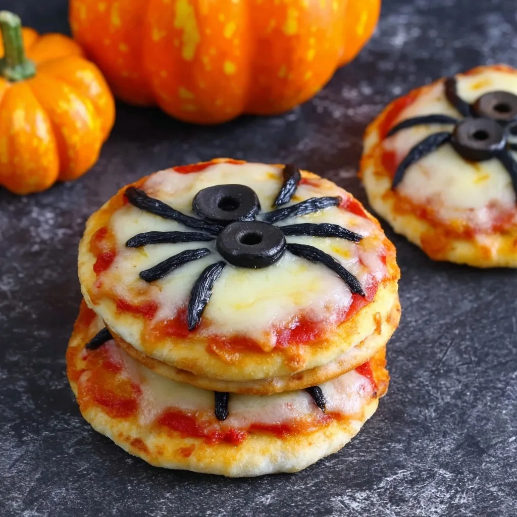 Mini Halloween pizzas with black olive spiders on melted cheese, served with decorative pumpkins.