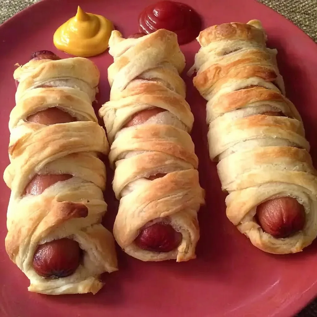 Three baked mummy-style hot dogs wrapped in golden crescent dough served with ketchup and mustard.