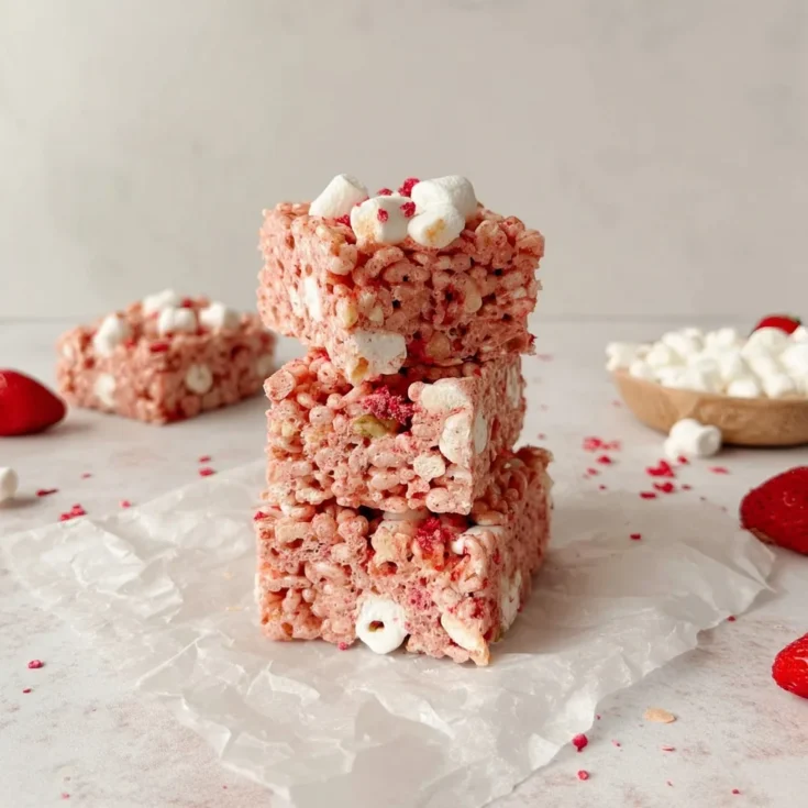Stack of pink strawberry Rice Krispies bars with marshmallows and strawberries on parchment paper