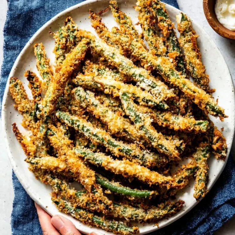 Golden crispy air fryer green bean fries served on a white plate ready to eat.