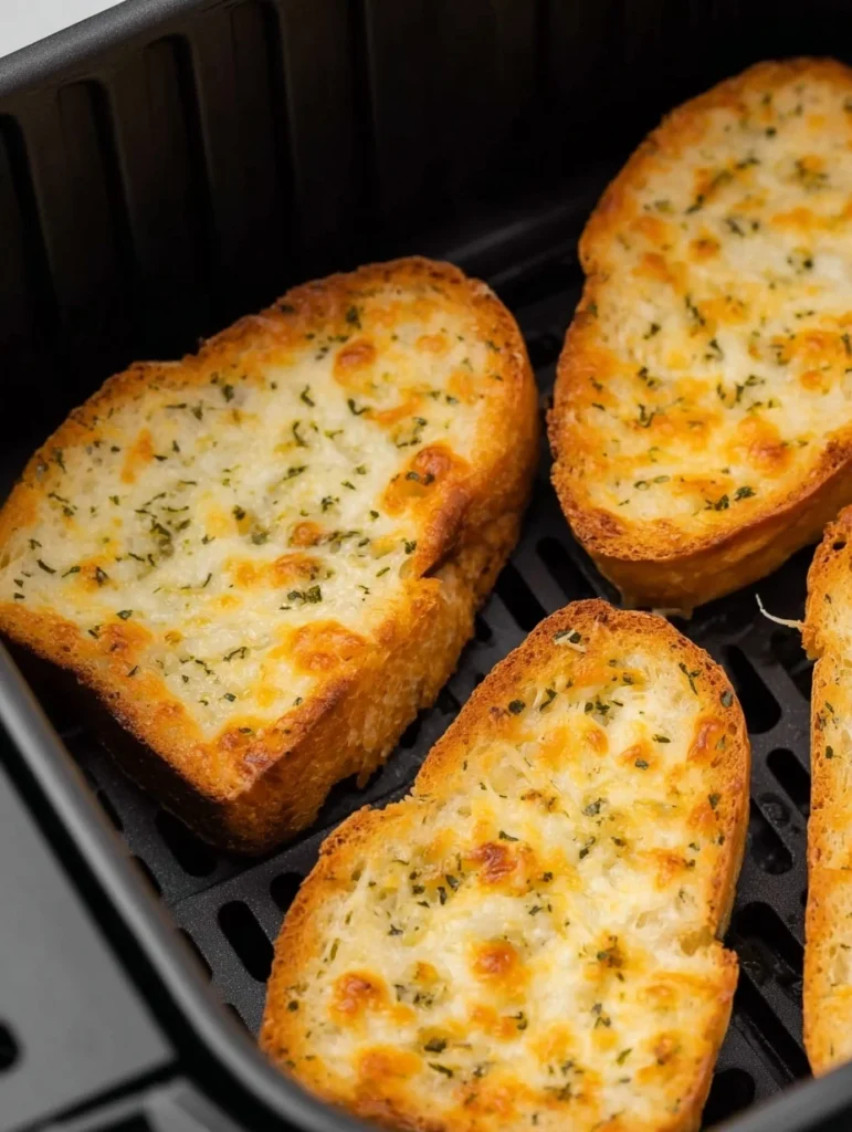 Slices of garlic Texas toast being reheated in an air fryer basket