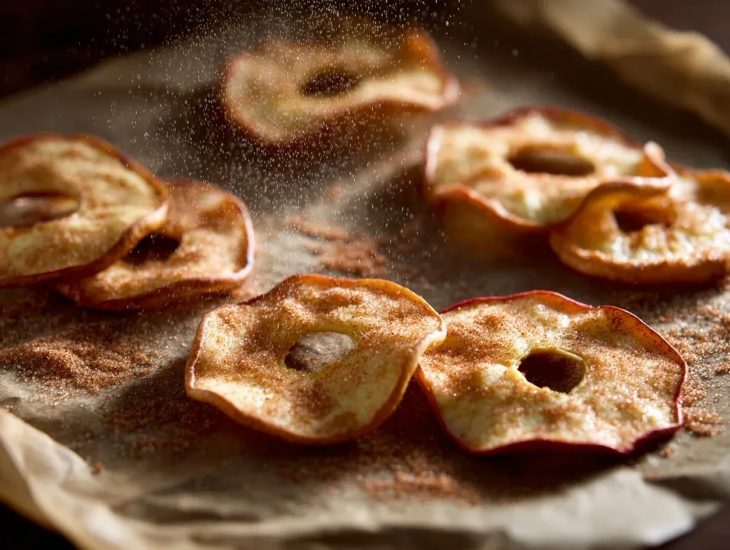 Thin apple slices sprinkled with cinnamon sugar on parchment paper, ready to be cooked in the air fryer.