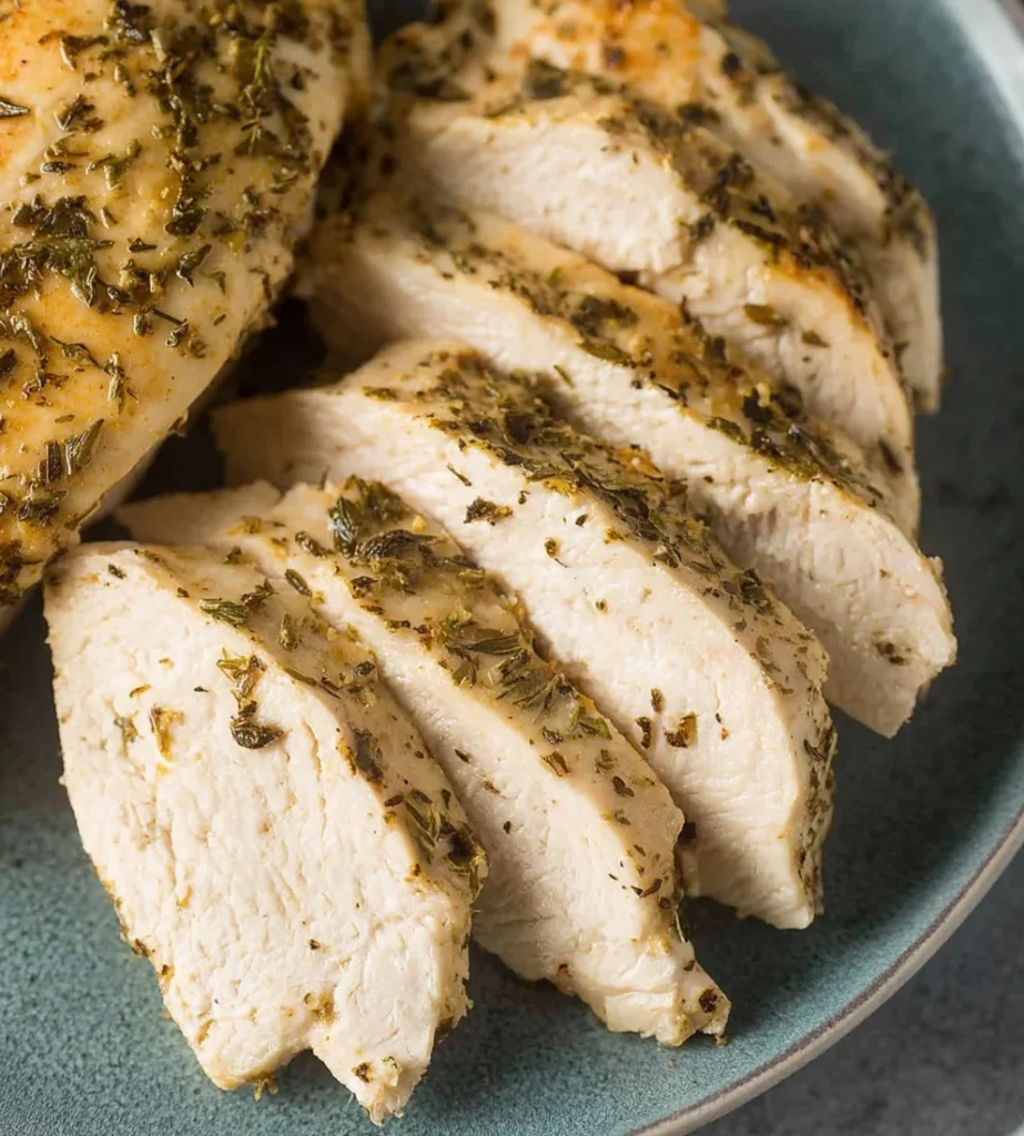 Sliced chicken breast cooked in slow cooker with herbs