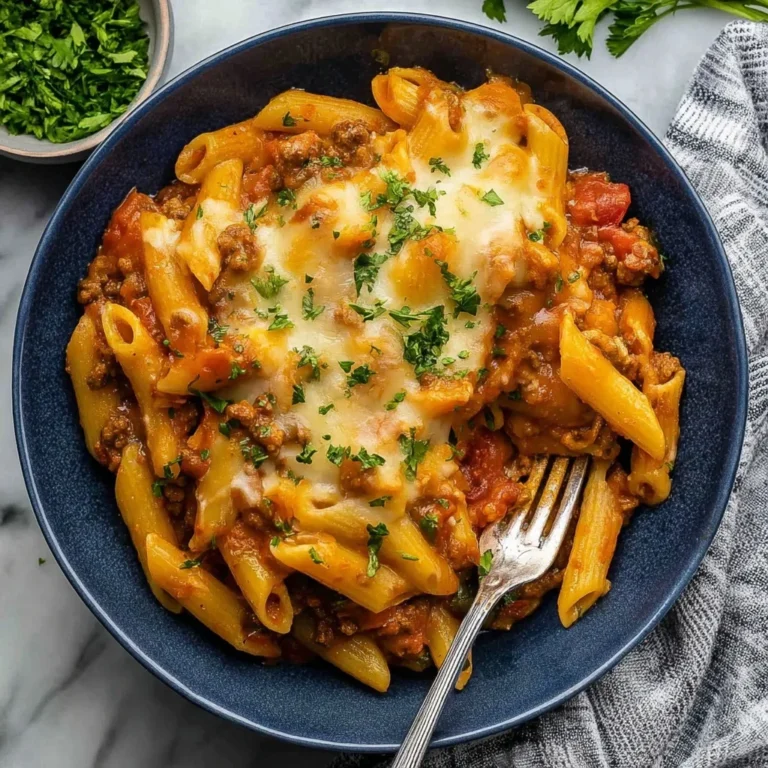 Blue bowl filled with cheesy pasta, tomato sauce, and ground beef, topped with melted mozzarella and fresh parsley.