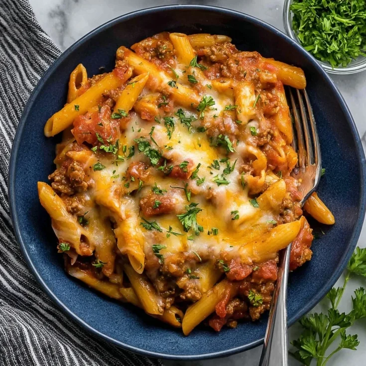 Hearty pasta with tomato sauce, ground beef, and melted cheese served in a blue bowl with parsley garnish.