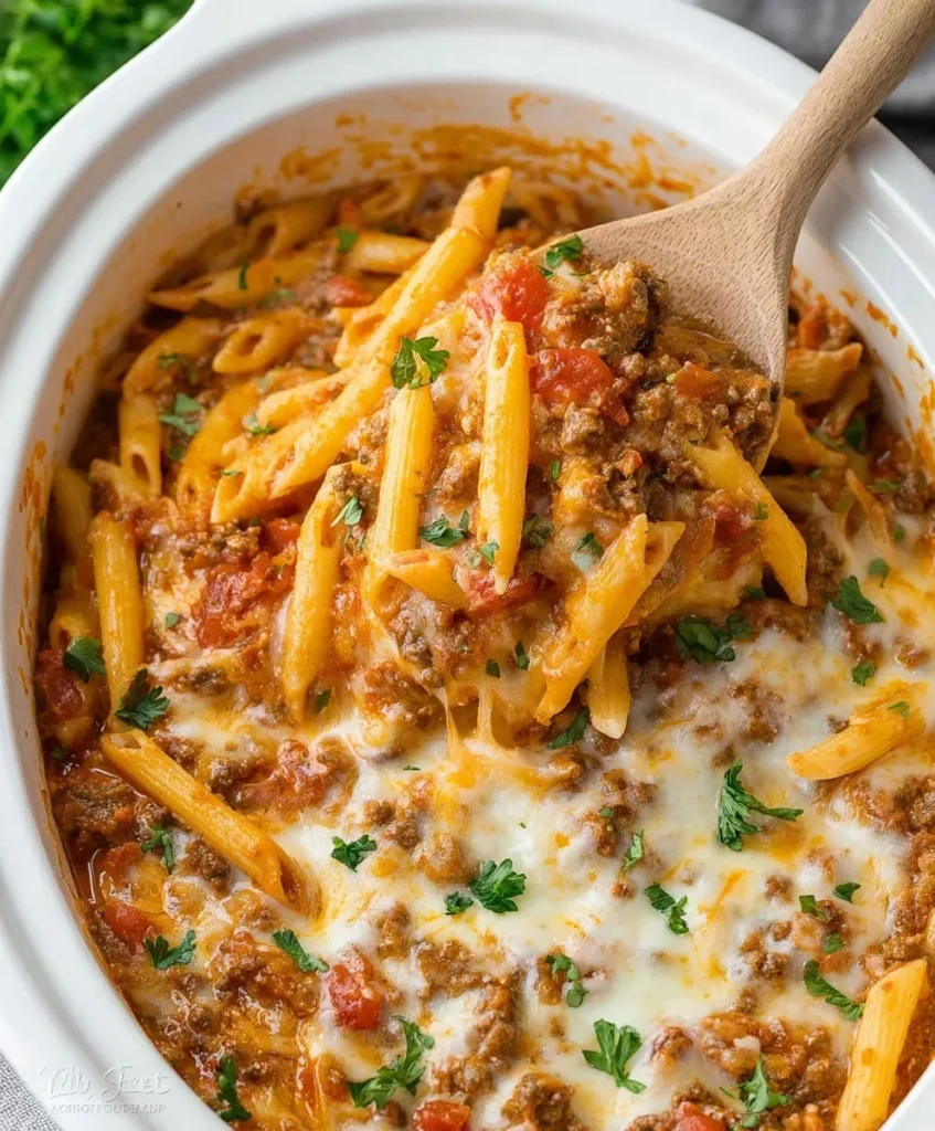 Hearty cheesy pasta casserole with ground beef, tomato sauce, and melted mozzarella scooped from a white crockpot.