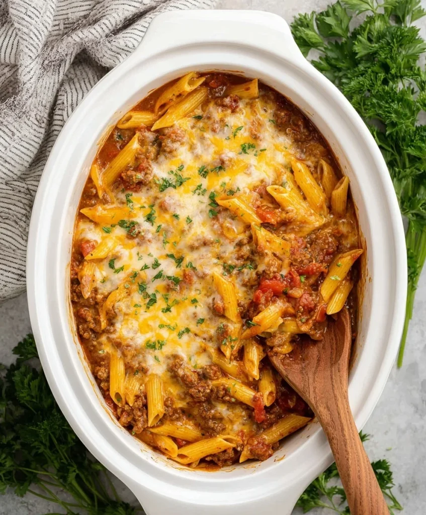 Overhead view of Slow Cooker Baked Ziti with melted cheese, pasta, and ground beef served in a white crockpot with wooden spoon.