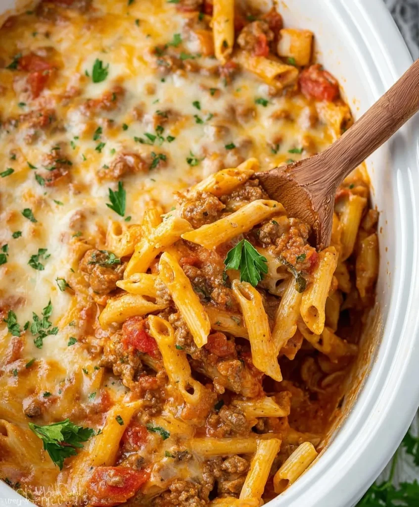 Close-up of creamy pasta with tomato sauce, ground beef, and melted mozzarella scooped from a slow cooker with a wooden spoon.