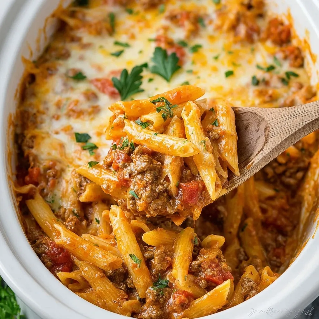 Cheesy pasta with ground beef, tomato sauce, and melted mozzarella scooped out of a slow cooker with a wooden spoon.