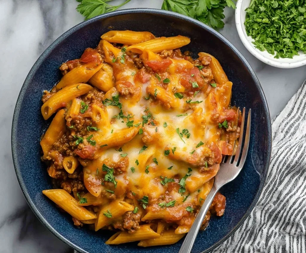 Cheesy baked pasta with ground beef, tomato sauce, and melted mozzarella served in a dark bowl with fresh parsley garnish.