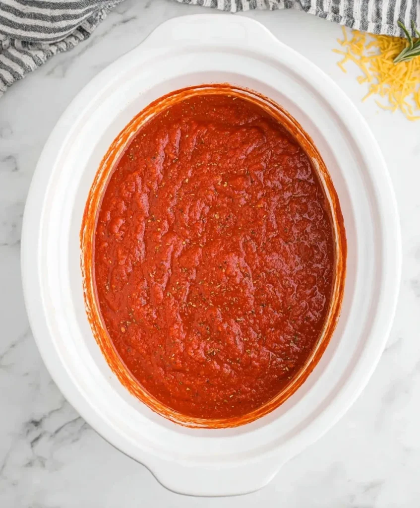 Crockpot filled with marinara sauce as the first layer for a cheesy pasta casserole recipe.