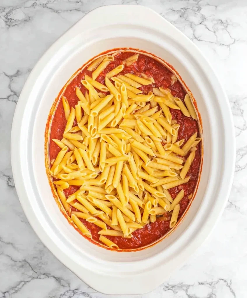 Uncooked penne pasta layered on top of marinara sauce in a white crockpot before adding cheese and meat.
