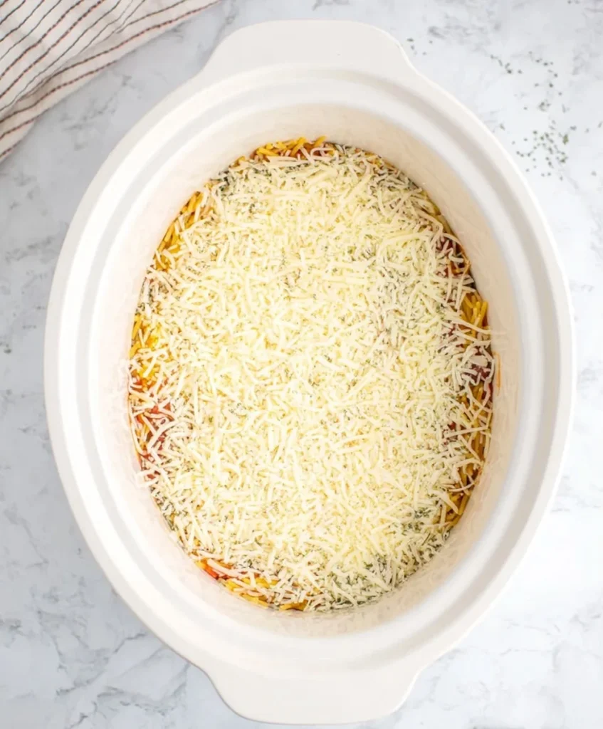 Crockpot filled with penne pasta and tomato sauce topped with a generous layer of shredded mozzarella and parmesan cheese.