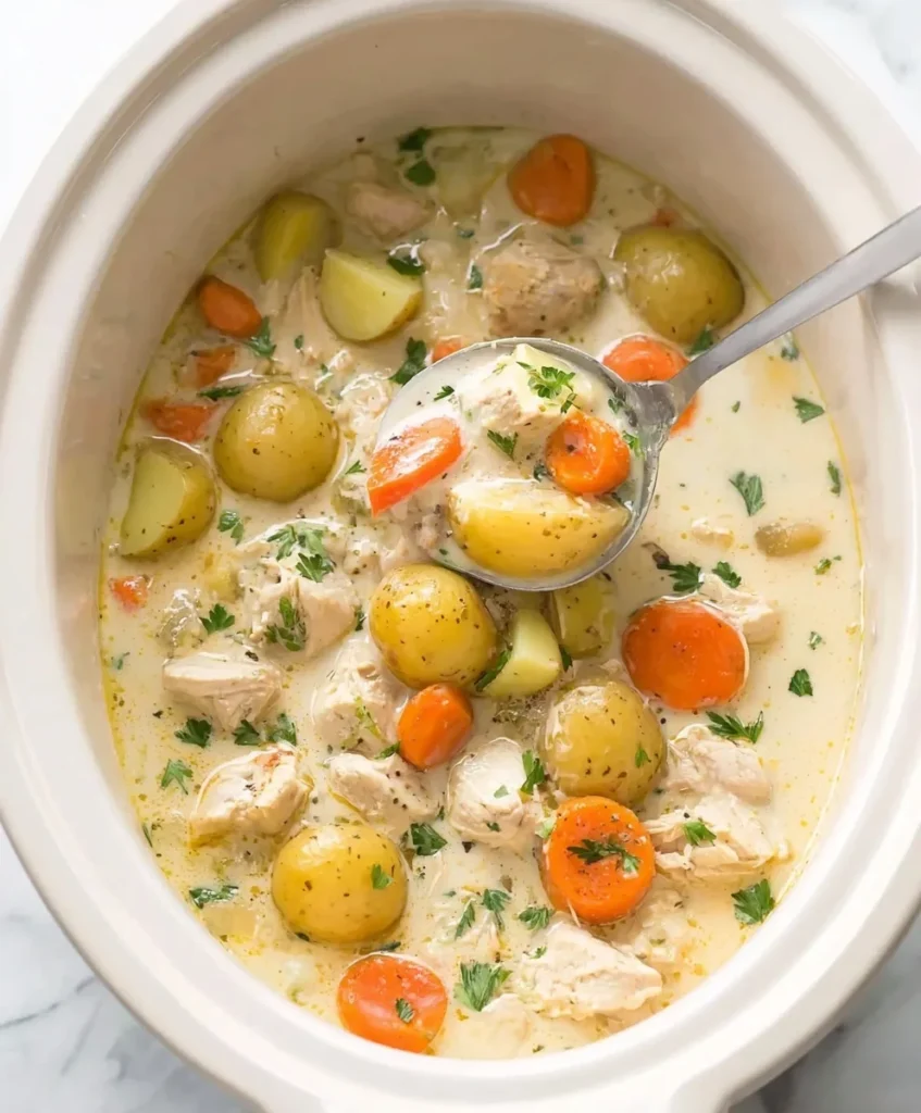 Slow cooker filled with creamy chicken stew, potatoes, carrots, and herbs being served with a ladle.