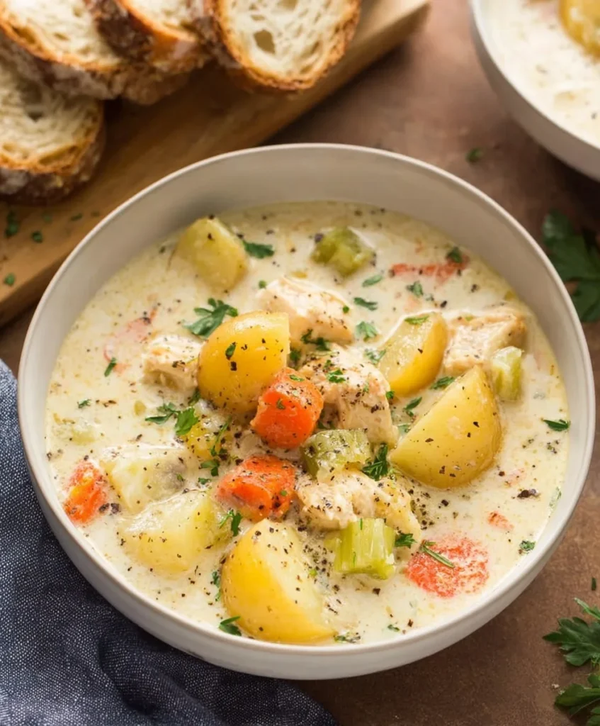 A creamy bowl of Slow Cooker Garlic Parmesan Chicken Stew with tender chicken, potatoes, carrots, and celery, served with slices of crusty bread.
