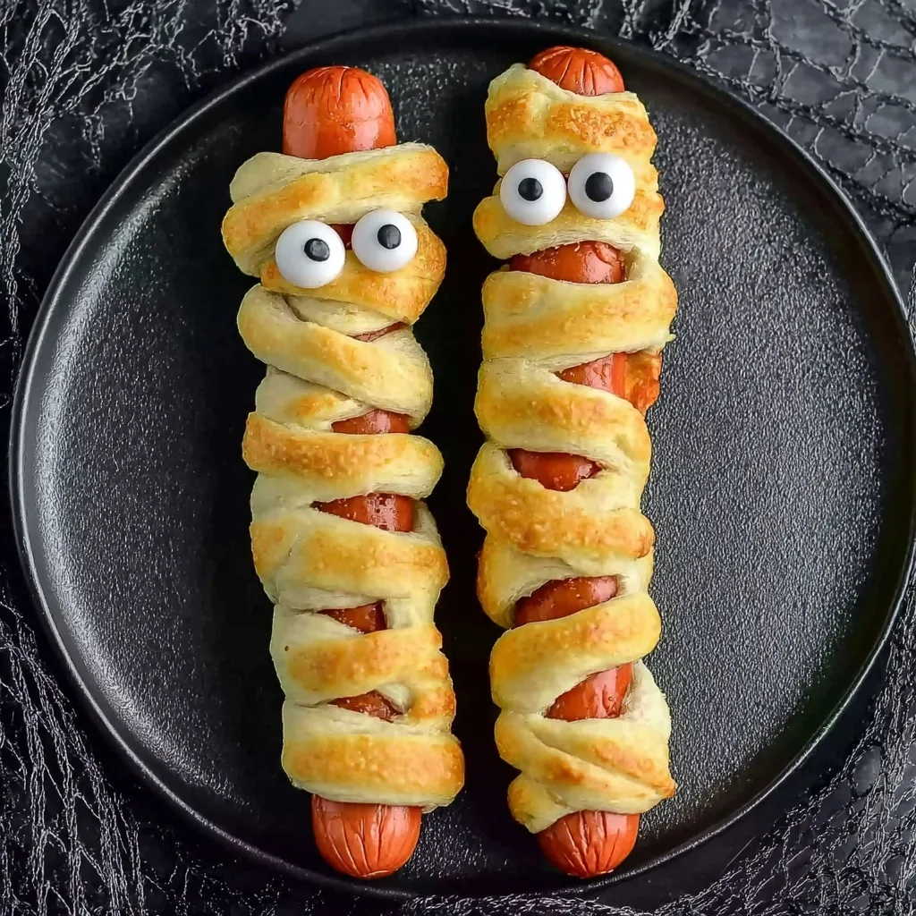 Two hot dogs wrapped in crescent dough with candy eyes on a black plate, styled as spooky mummies.