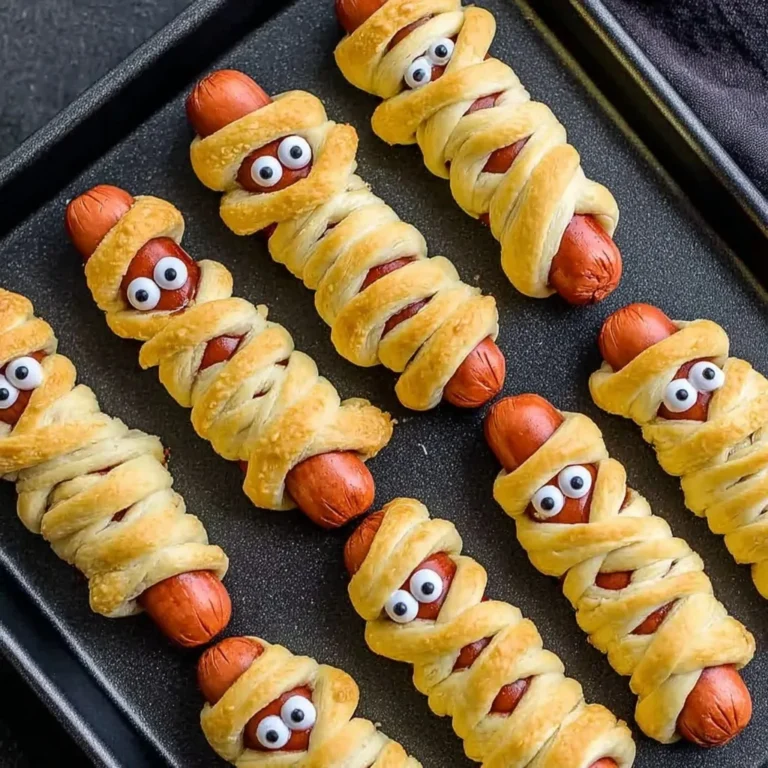 A baking tray filled with crescent-wrapped hot dogs decorated with candy eyes to look like spooky mummies.