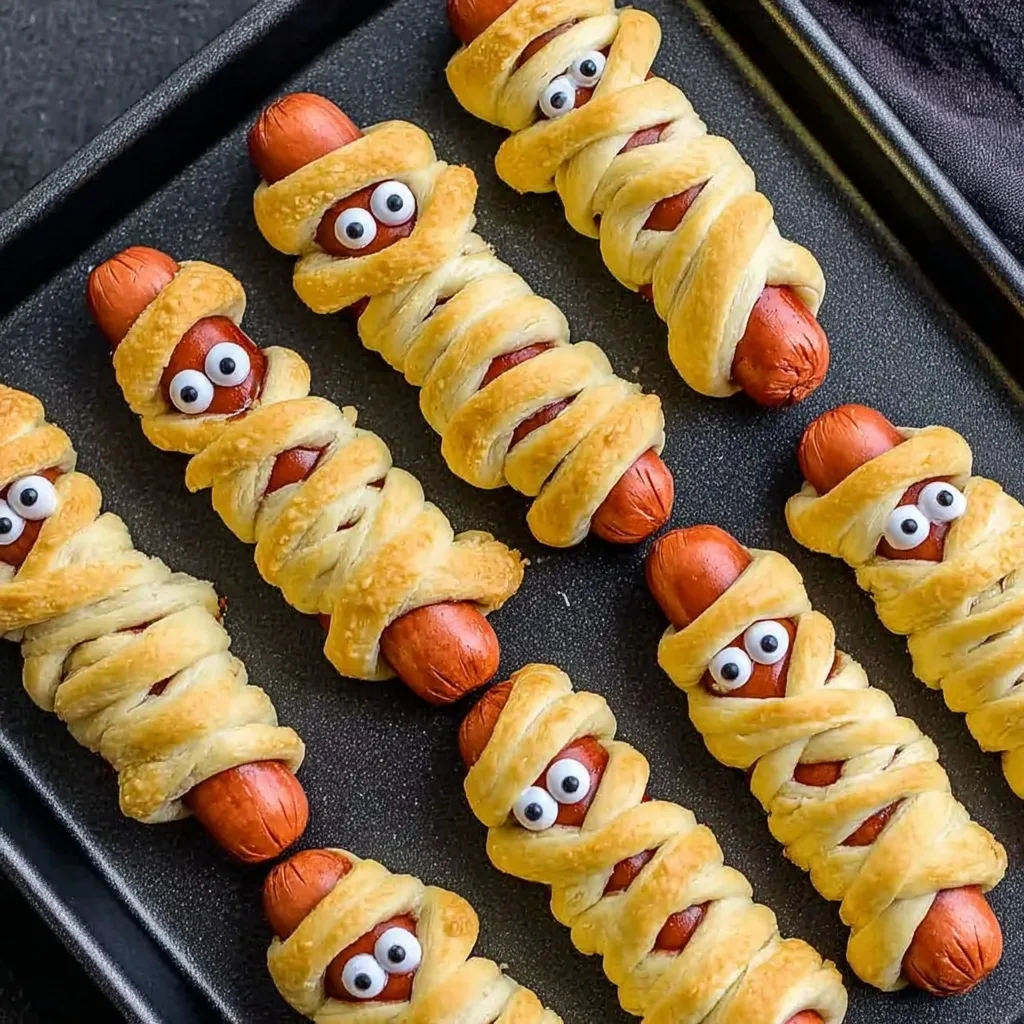 A baking tray filled with crescent-wrapped hot dogs decorated with candy eyes to look like spooky mummies.