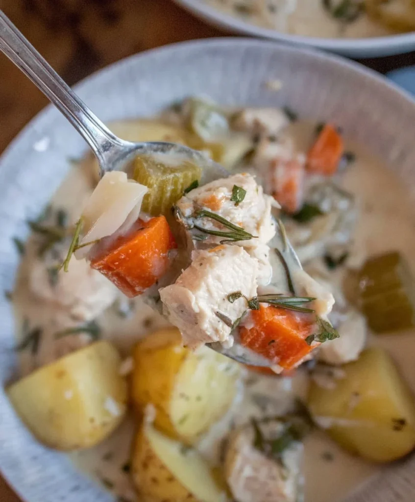 Spoon lifting creamy chicken stew with carrots, celery, potatoes, and herbs from a bowl.