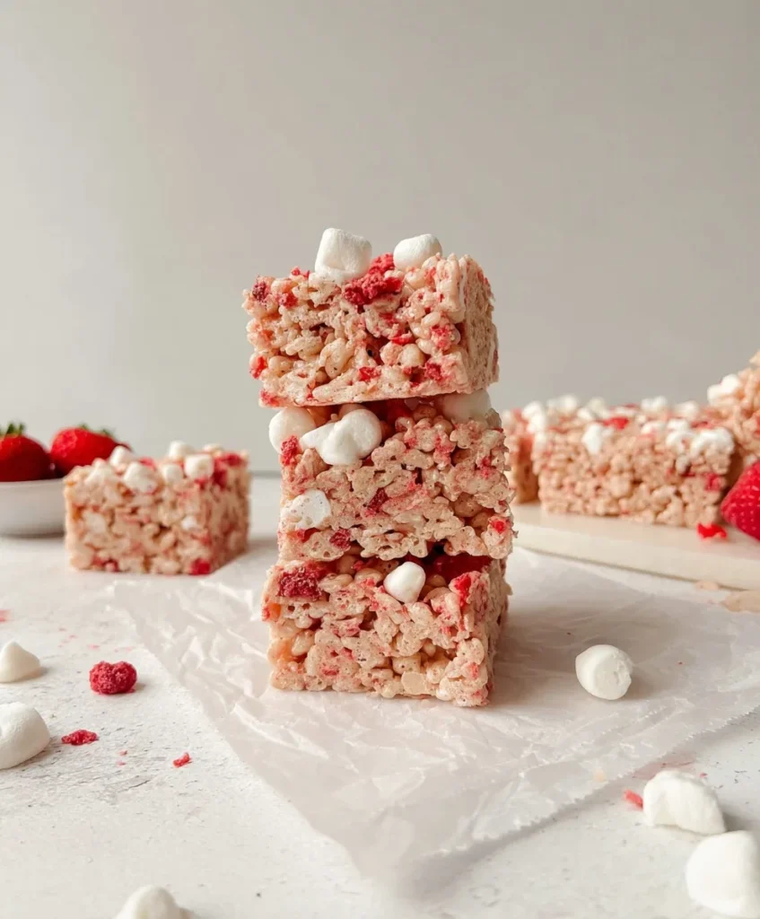 Stacked strawberry Rice Krispies bars with marshmallows and strawberries on parchment paper