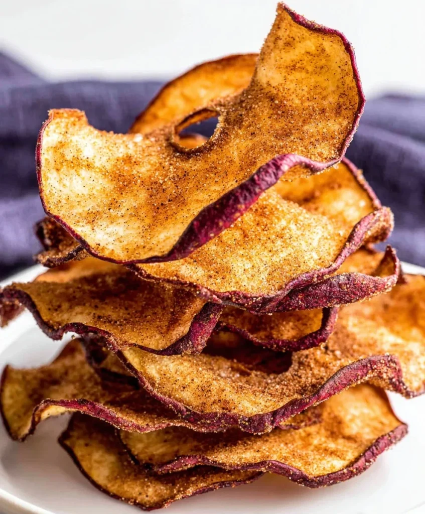 Stack of crispy homemade apple chips on a white plate