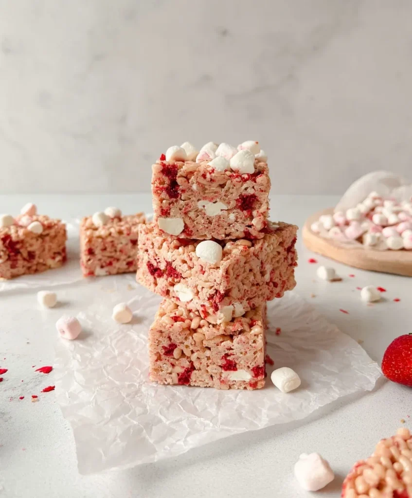 Stack of strawberry Rice Krispies treats with marshmallows and strawberry pieces on parchment paper