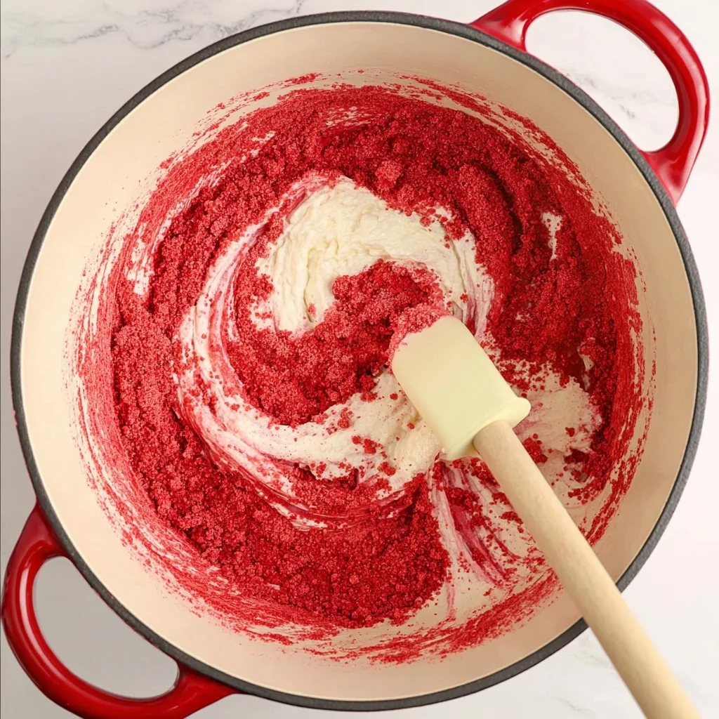 Red freeze-dried strawberry powder being stirred into melted marshmallows in a large pot