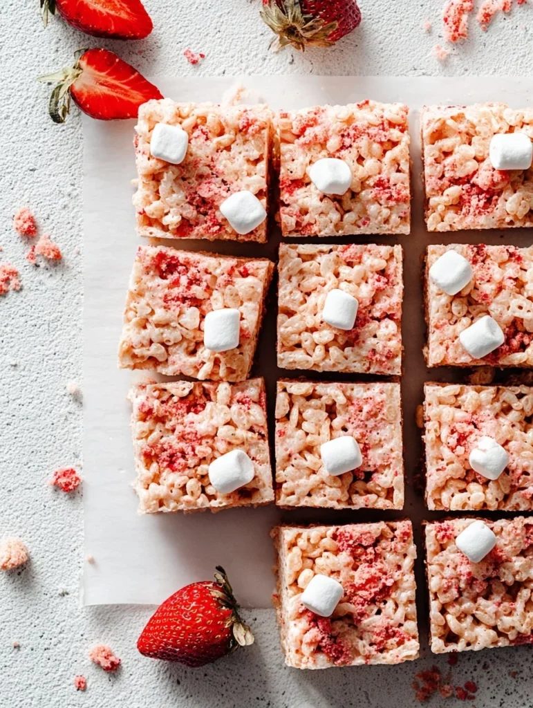 Overhead view of strawberry Rice Krispies bars cut into squares with marshmallows and strawberries on parchment