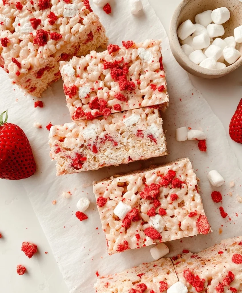 Strawberry Rice Krispies bars topped with freeze-dried strawberries and marshmallows, sliced and ready to serve
