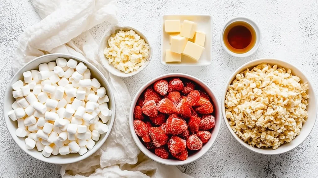 Bowls of marshmallows, fresh strawberries, puffed rice cereal, butter, and vanilla on a white background