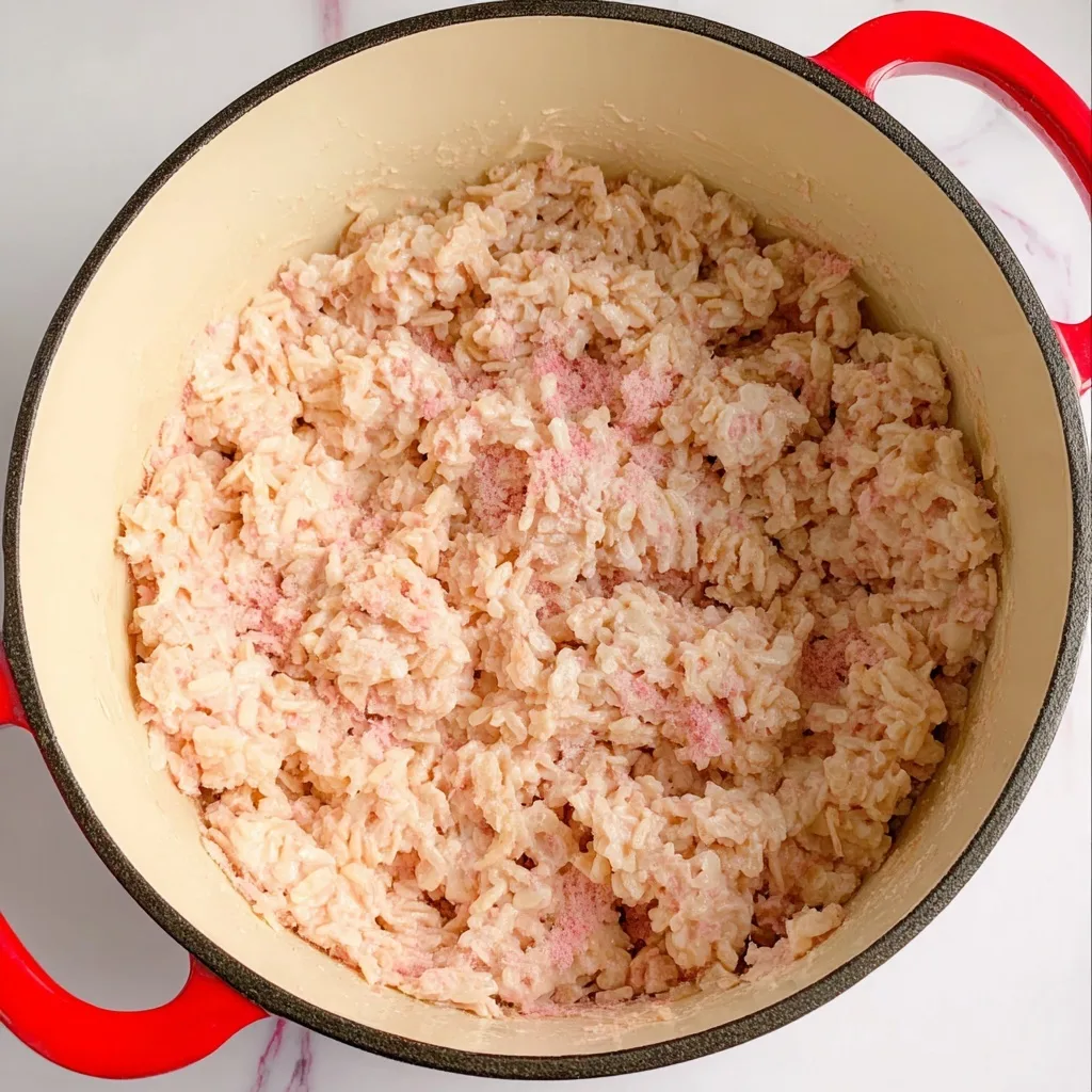 Close-up of puffed rice cereal coated with pink strawberry marshmallow mixture in a red pot
