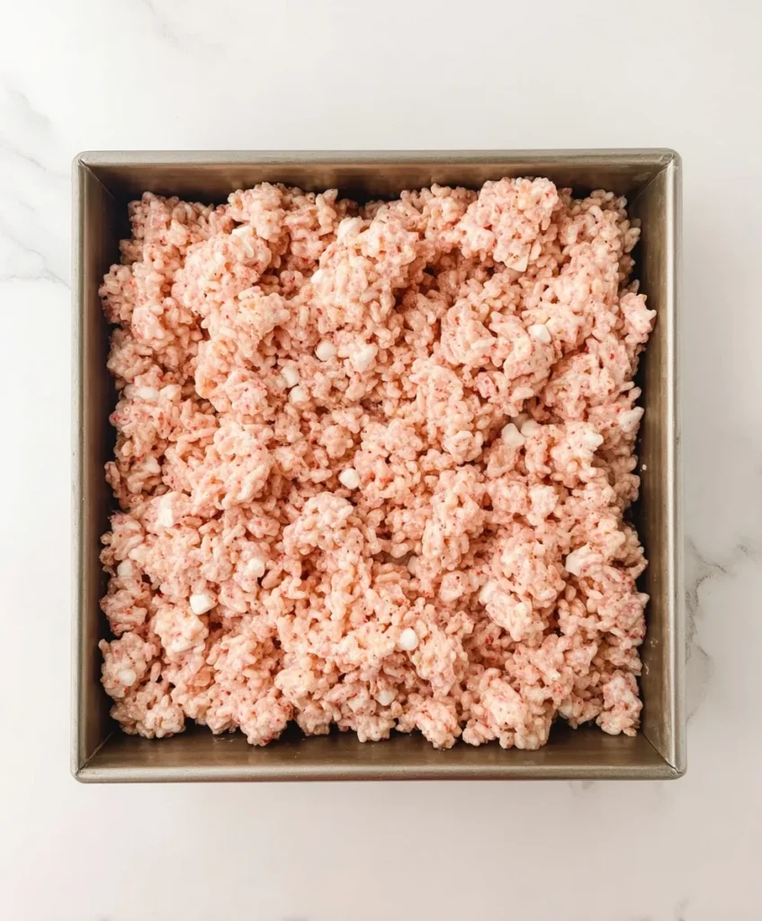 Square baking pan filled with pressed strawberry Rice Krispies mixture before cooling and cutting
