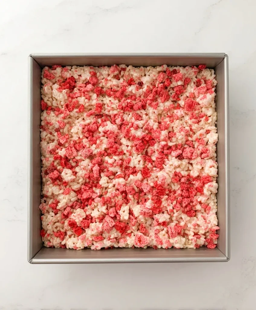 Square pan of strawberry Rice Krispies topped with crushed freeze-dried strawberries before slicing